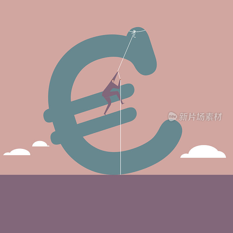 Businessman rock climbing on euro sign.